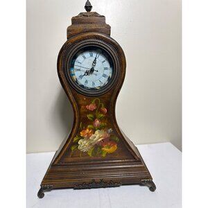 Vintage Wooden Mantel Clock Hand Painted Floral Design & Roman Numerals